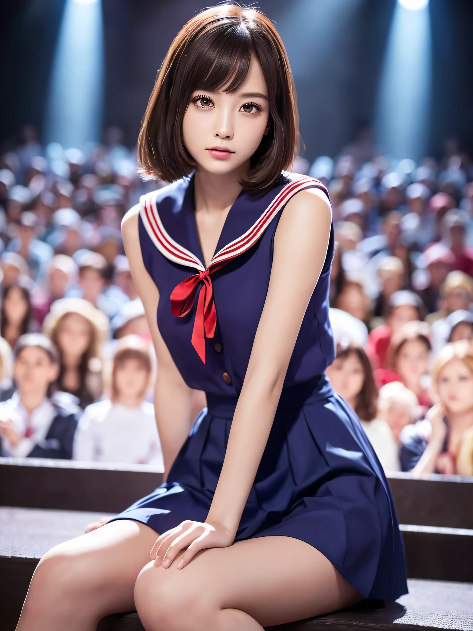 White base with purple-red sailor suit、Tulle skirt、20-year-old, Performing on an empty stage, Cute Core、(Bob Hair)、(((Watching the audience)))、Ribbon on head、(Natural and detailed face standing、beautiful and detailed eyes、beautiful and dense lips、very detailed eyes、Detailed face、Long eyelashes)(8k resolution)、High resolution、masterpiece:1.2 )、Super detailed、(Real、Photorealistic、Photorealistic: 1.37)、8K、Fantastic lighting、Bright colors、Sitting posture、Bold leg spread、(Anatomically correct)、(Perfect body proportions)、(Natural Hands、Natural Fingers)