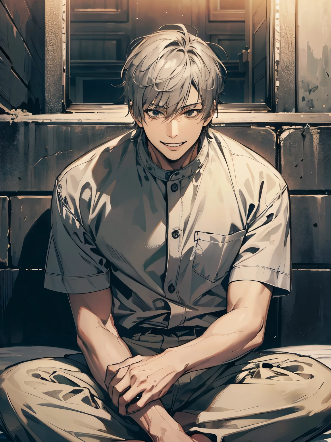 (masterpiece Best quality), alone, 1 man, smiling pervert, sitting on a bed, in a cell, with short gray hair, wearing a prison uniform.
