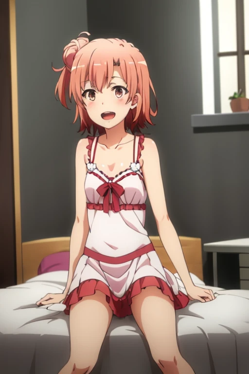 ((highest quality)), ((masterpiece)), (be familiar with), Perfect Face, indoor, Bedroom, Watching the audience,
One woman, Yuigahama Yui,
Open Mouth, Ecstatic expression, blush, smile,
Small breasts, Flat Chest, Young Girl, , , Girl,
Short Hair, Salmon-colored hair, Salmon-colored eyes, Side Pony,
Leg spread,