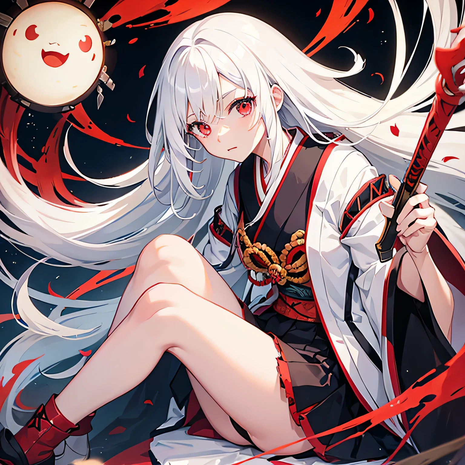 female,Japanese,White-haired high school student,knife,Long hair,Red eyes,Japanese style,Tattered