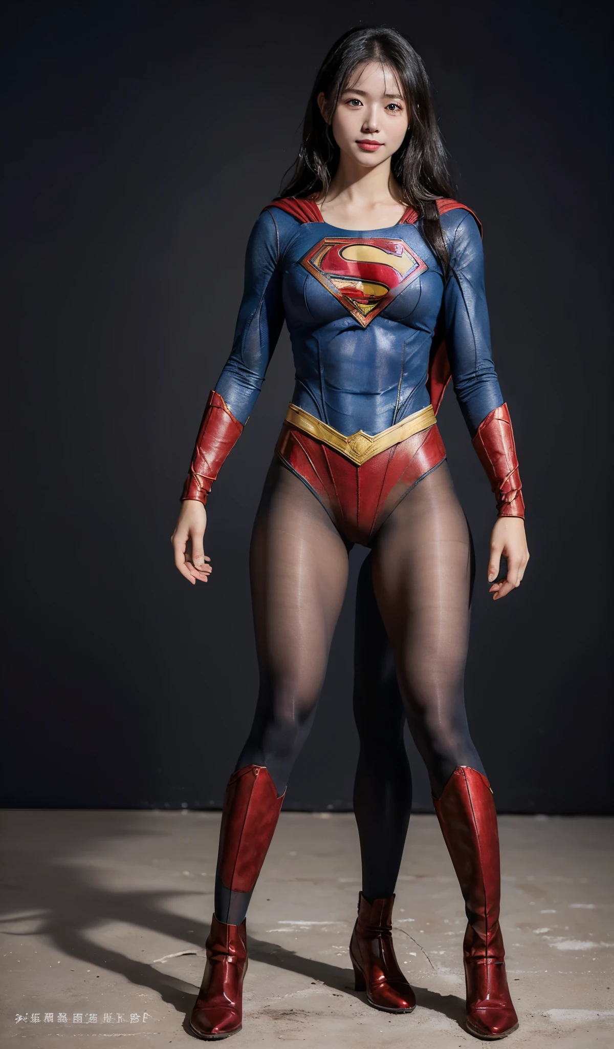 No background、(((Beautiful legs in black tights.)))、(((Legally express the beauty of your smile)))、((((Make the most of your original images)))、(((Supergirl Costume)))、(((Beautiful Hair)))、(((suffering)))、(((Please wear black tights....、Wear red boots)))、((Best image quality、8K))、((highest quality、8K、masterpiece:1.3))、(((Preserve background )))、Sharp focus:1.2、Beautiful woman with perfect figure:1.4、Thin abdominal muscles:1.2、Wet body:1.5、Highly detailed face and skin texture、8K