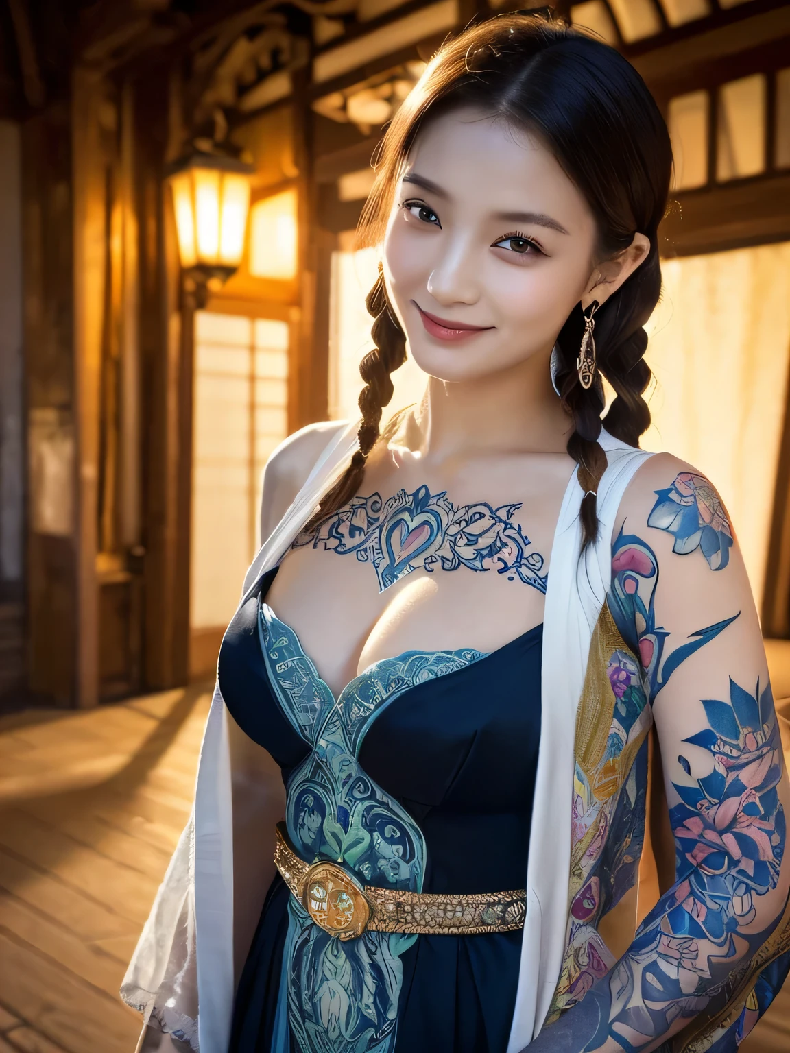 (sfw:1.5)、High resolution symmetrical images, Girl and Horihada, Yakuza, Japanese Mafia, Movie photo of Japanese cartel leader with tattoos on waist, chest and arms, Cleavage、(((Full body tattoos)))、 (Lotus tattoo)、 (Close-up chest, Underarm, 胸のAngle from below), Blonde braids, short hair, ((Art Nouveau)), (Ecstasy Face), (Alphonse Mucha), Small earrings, ((on the road, wood, Buildings in medieval Europe)), Angle from below、(Anatomically correct)、(Perfect body proportions)、(Natural Hands、Natural Fingers)、(Breast Goddess, Woman born from flowers, ((Round face)), Realistic Eye Size, Droopy eyes, smile,I'm bathed in dazzling light