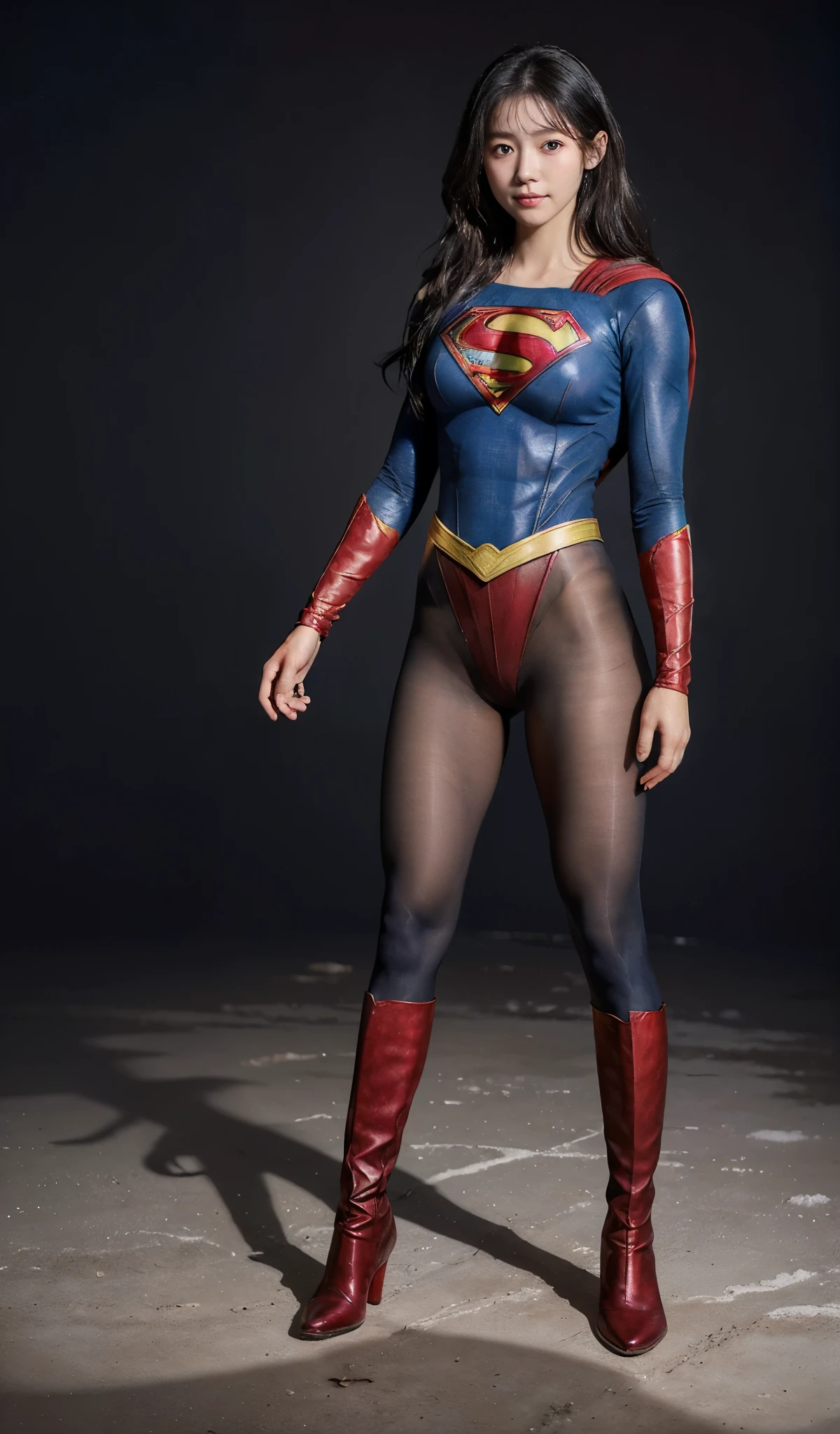 No background、(((Beautiful legs in black tights.)))、(((Legally express the beauty of your smile)))、((((Make the most of your original images)))、(((Supergirl Costume)))、(((Beautiful Hair)))、(((suffering)))、(((Please wear black tights....、Wear red boots)))、((Best image quality、8K))、((highest quality、8K、masterpiece:1.3))、(((Preserve background )))、Sharp focus:1.2、Beautiful woman with perfect figure:1.4、Thin abdominal muscles:1.2、Wet body:1.5、Highly detailed face and skin texture、8K