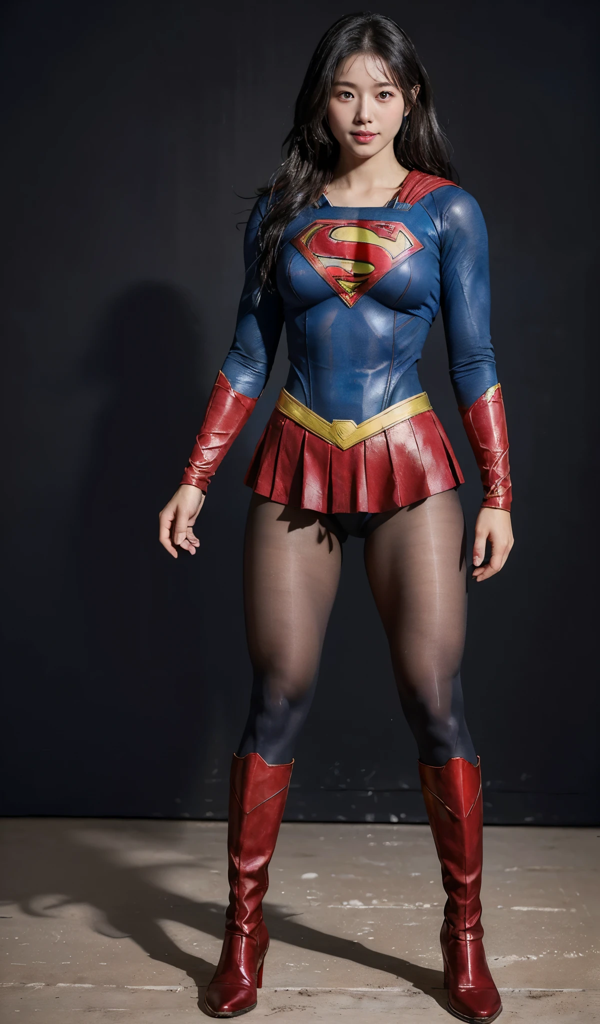 No background、(((Beautiful legs in black tights.)))、(((Legally express the beauty of your smile)))、((((Make the most of your original images)))、(((Supergirl Costume)))、(((Beautiful Hair)))、(((suffering)))、(((Please wear black tights....、Wear red boots)))、((Best image quality、8K))、((highest quality、8K、masterpiece:1.3))、(((Preserve background )))、Sharp focus:1.2、Beautiful woman with perfect figure:1.4、Thin abdominal muscles:1.2、Wet body:1.5、Highly detailed face and skin texture、8K