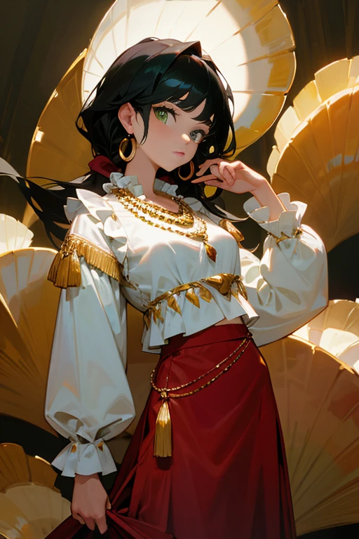 Gypsy with green eyes and black hair, White blouse with gold medal and red skirt with frills, Shell Necklace.
