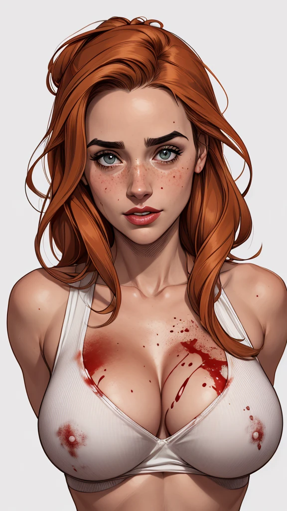 Character style illustration style Completely bare breasts showing a little fear Breast size Cartoon name: Isabella Cruz white background medium breasts freckled face Jennifer Connelly actress strong contours Physical description - long straight hair, tingidos de um marrom vibrante que contrasta com sua pele clara. - You reflect a mix of curiosity and determination. - Ela tem uma estatura alta, with a slender and agile figure, evidenciando sua agilidade e destreza. -fundo colorido Design de personagens de retrato, beautiful digital illustration, retrato de alta qualidade, Arte em quadrinhos, Corpo inteiro sensualizando ou pelada. folha de retorno. return sheet clothes of the day hellish day expression of hate and blood on the face
