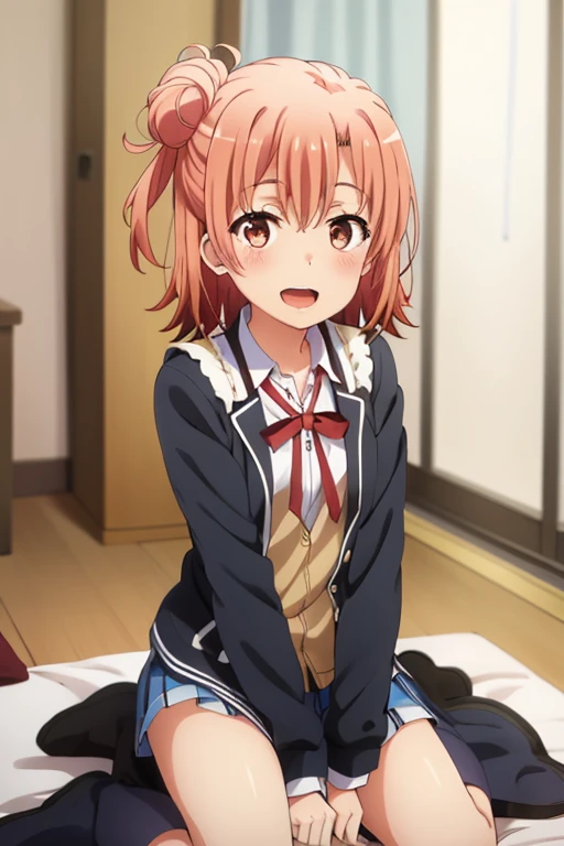 ((highest quality)), ((masterpiece)), (be familiar with), Perfect Face, indoor, Bedroom, Watching the audience,
One woman, Yuigahama Yui,
Open Mouth, Ecstatic expression, blush, smile,
Small breasts, Flat Chest, Young Girl, , , Girl,
Short Hair, Salmon-colored hair, Salmon-colored eyes, Side Pony,
Leg spread,