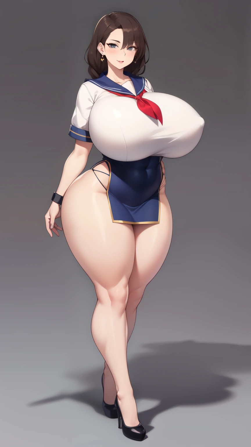 Big Breasts, Big Hips, Full Body Shot, Mature mother, Voluptuous thighs, Whole calf, Seductive mature woman, Perfect body, Plus Size Model, Sailor suit, Wearing high heels,Miniskirt Uniform, super mini,