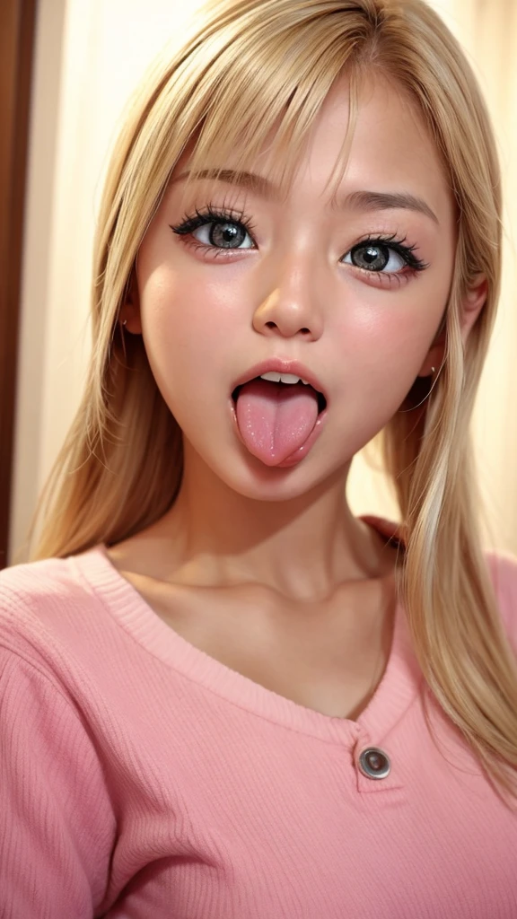 Japanese woman, beautiful girl, gal, blonde, , highest quality realistic skin, eyes in focus, 20 years old, sticking out tongue, focus on mouth, open mouth, long tongue, saliva, open mouth wide, inside of mouth visible, open mouth and sticking out tongue 