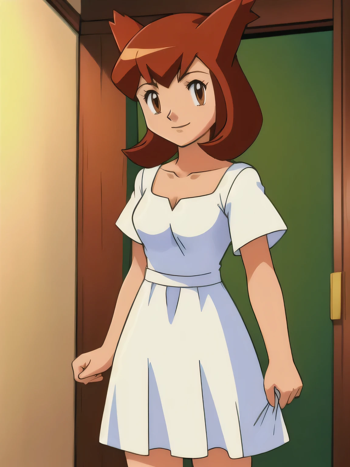 Pokemon Heroes (Bianca), Brown Hair, brown eyes, Fancy white dress, white maxi dress, collarbone, standing, bedroom, hd, soft focus, 1girl, solo, vibrant, cowboy shot, masterpiece, light smile