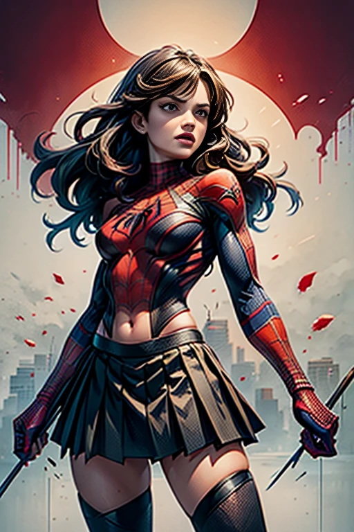Lea Michele、stick out the navel、new york、She&#39;s wearing a torn Spider-Man suit,Wearing a skirt、 Red and black color scheme,dynamic、masterpiece、highest quality、Ultra-detailed、Very detailed、Beautiful sparkle in the details、超A high resolution