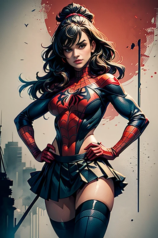 Lea Michele、stick out the navel、new york、She&#39;s wearing a torn Spider-Man suit,Wearing a skirt、 Red and black color scheme,dynamic、masterpiece、highest quality、Ultra-detailed、Very detailed、Beautiful sparkle in the details、超A high resolution