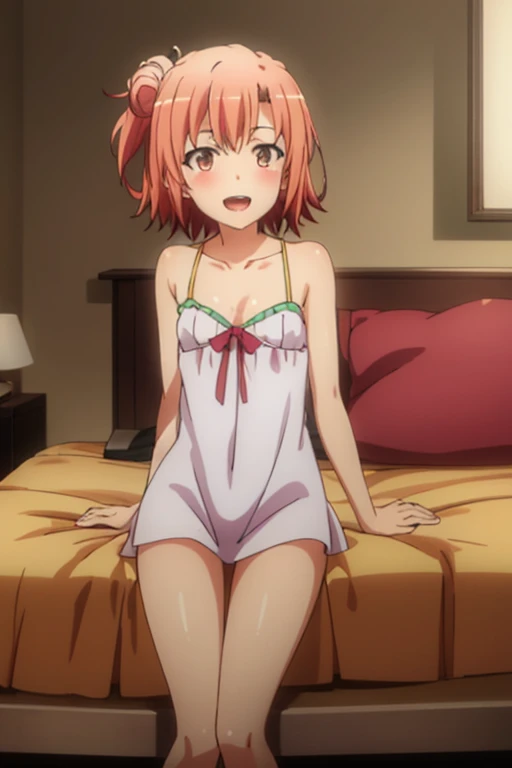 ((highest quality)), ((masterpiece)), (be familiar with), Perfect Face, indoor, Bedroom, Watching the audience,
One woman, Yuigahama Yui,
Open Mouth, Ecstatic expression, blush, smile,
Small breasts, Flat Chest, Young Girl, , , Girl,
Short Hair, Salmon-colored hair, Salmon-colored eyes, Side Pony,
Leg spread,