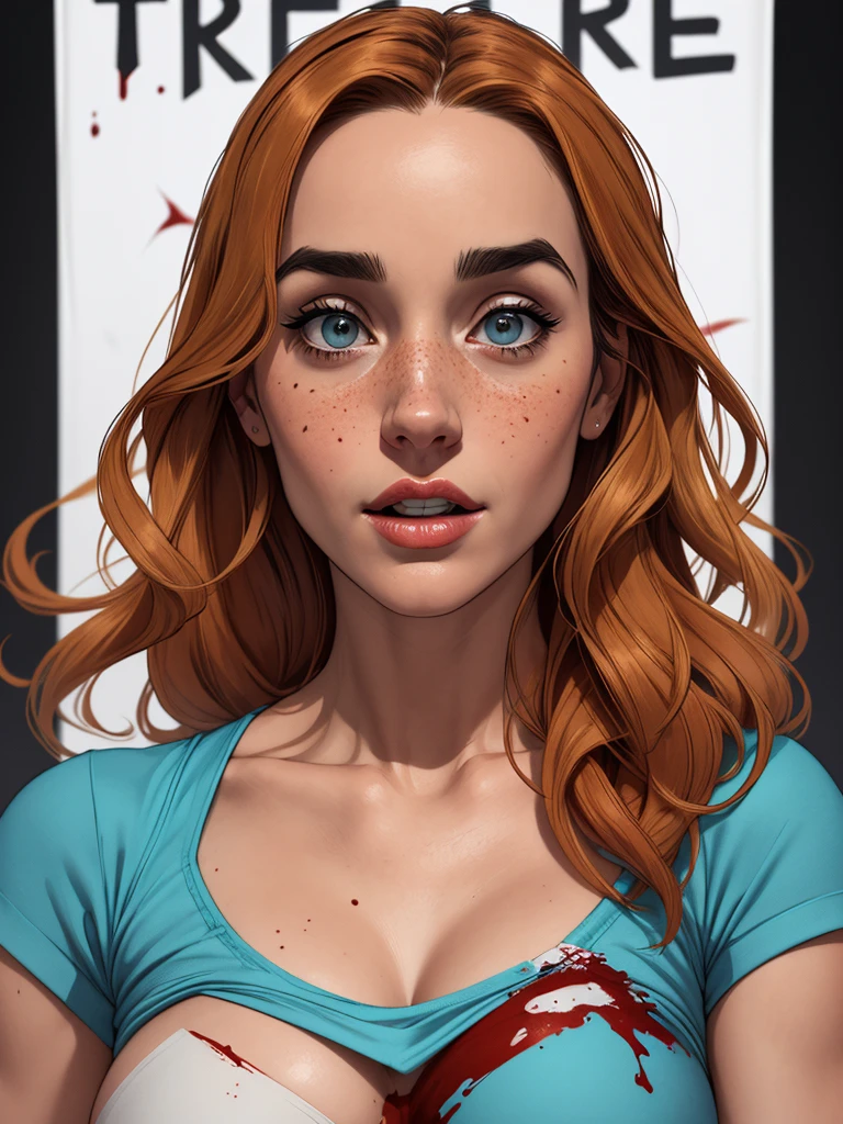 Character style illustration style Completely bare breasts showing small fear Breast size Cartoon name: Isabella Cruz white background medium breasts freckled face Jennifer Connelly actress strong contours Physical description - long straight hair, tingidos de um marrom vibrante que contrasta com sua pele clara. - You reflect a mix of curiosity and determination. - Ela tem uma estatura alta, with a slender and agile figure, evidenciando sua agilidade e destreza. -fundo colorido Design de personagens de retrato, beautiful digital illustration, retrato de alta qualidade, Arte em quadrinhos, Corpo inteiro sensualizando ou pelada. folha de retorno. return sheet member clothes of the day hell day expression of hate and blood on the face lots of blood