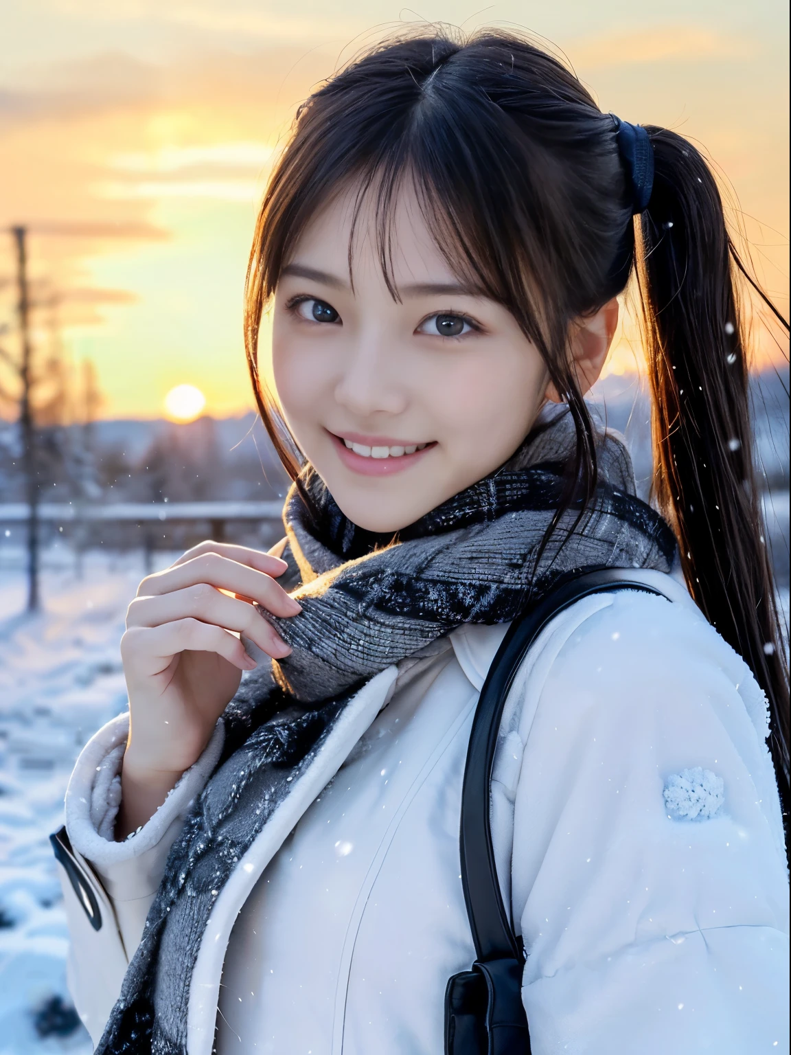 (She has a slim figure, small breasts and long hair in twin tails.、Close-up portrait of a girl wearing a winter coat and a scarf :1.5)、(One girl with little smile and hair fluttering in the wind :1.3)、(Beautiful snowy sunset sky:1.5)、(Perfect Anatomy:1.3)、(Completely naked:1.3)、(Full Finger:1.3)、Realistic、photograph、Tabletop、highest quality、High resolution, Delicate and beautiful、Perfect Face、Beautiful fine details、Fair skin、Real human skin、pores、((Thin legs))、(Black Hair)
