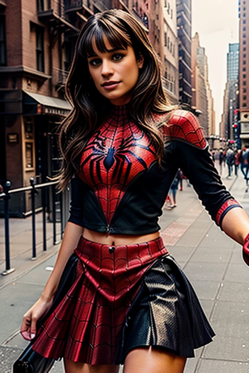 Lea Michele、stick out the navel、new york、She's wearing a torn Spider-Man suit,Wearing a skirt、 Red and black color scheme,dynamic、masterpiece、highest quality、Ultra-detailed、Very detailed、Beautiful sparkle in the details、超A high resolution