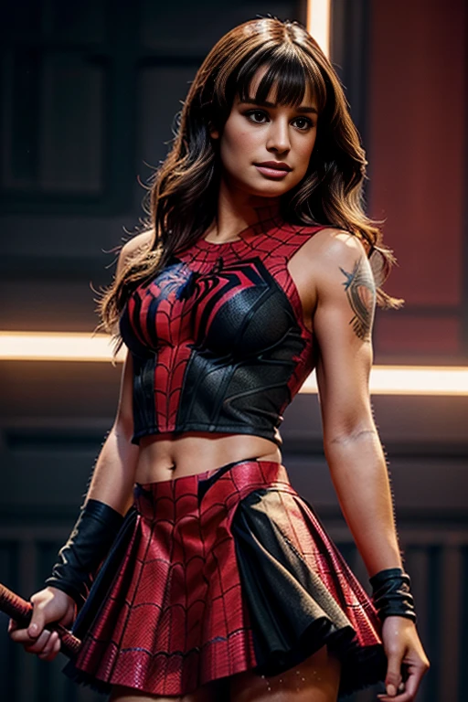 Lea Michele、stick out the navel、new york、She's wearing a torn Spider-Man suit,Wearing a skirt、 Red and black color scheme,dynamic、masterpiece、highest quality、Ultra-detailed、Very detailed、Beautiful sparkle in the details、超A high resolution