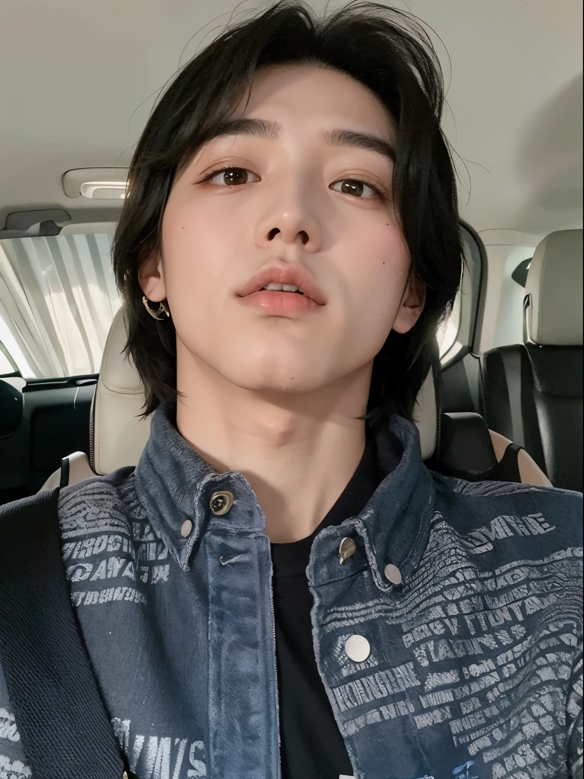 Hay un hombre con una chaqueta vaquera sentado en un coche., cai xukun, hyung tae, kim taejin, jinyoung shin, Hong June Hyung, taken in the early 2020s, steven jung, araki, foto de perfil, jungkook, xqc, Kim Doyoung, seson yoon, androgynous face, androgynous person