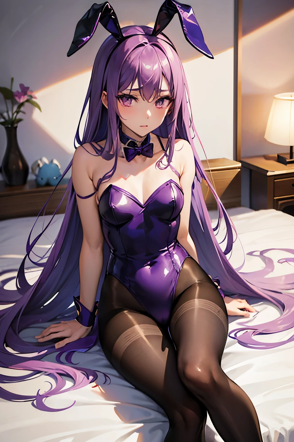 Medusa、fate、Purple Hair、Long Hair、((pantyhose))、Photo from below、Medium chest、Bedroom、Bunny girlの耳、((Bunny girl))、Leg spread