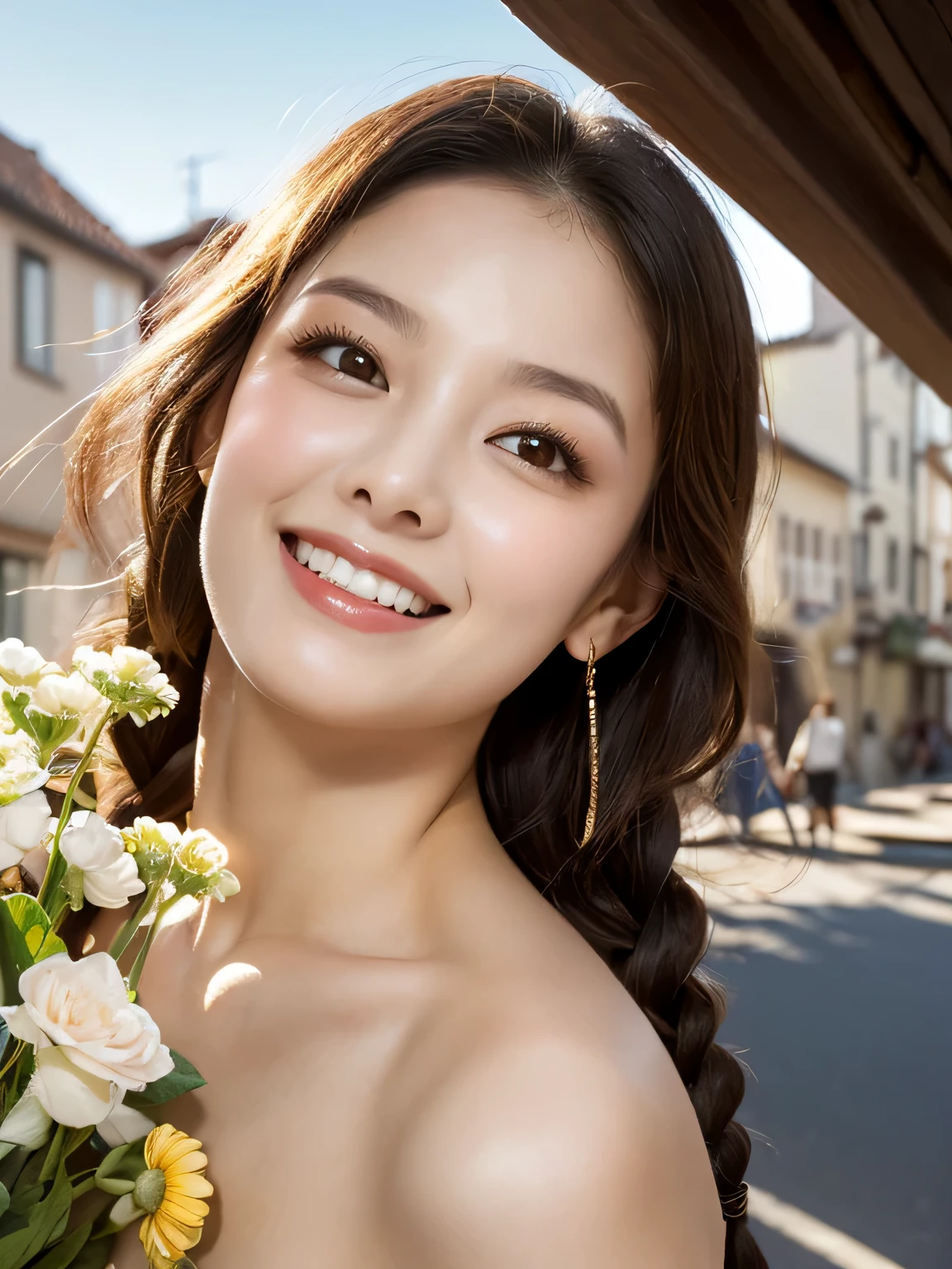 (sfw:1.5)、High resolution symmetrical images, (Close-up chest, Underarm, 胸のAngle from below), Blonde braids, short hair, ((Art Nouveau)), (Ecstasy Face), (Alphonse Mucha), Small earrings, ((on the road, wood, Buildings in medieval Europe)), Angle from below、(Anatomically correct)、(Perfect body proportions)、(Natural Hands、Natural Fingers)、(Breast Goddess, Woman born from flowers, ((Round face)), Realistic Eye Size, Droopy eyes, smile,I'm bathed in dazzling light