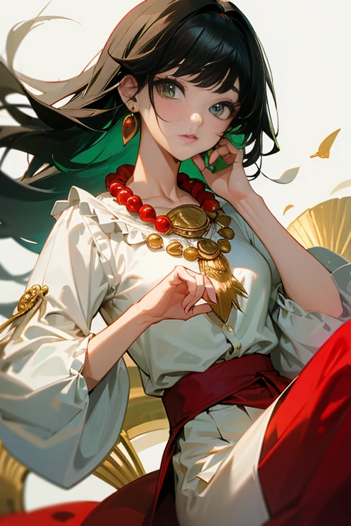 Gypsy with green eyes and black hair, White blouse with gold medal and red skirt with frills, Shell Necklace.Staring at the audience、Sharpen your eyes、Please clean your eyes、Lips gloss、