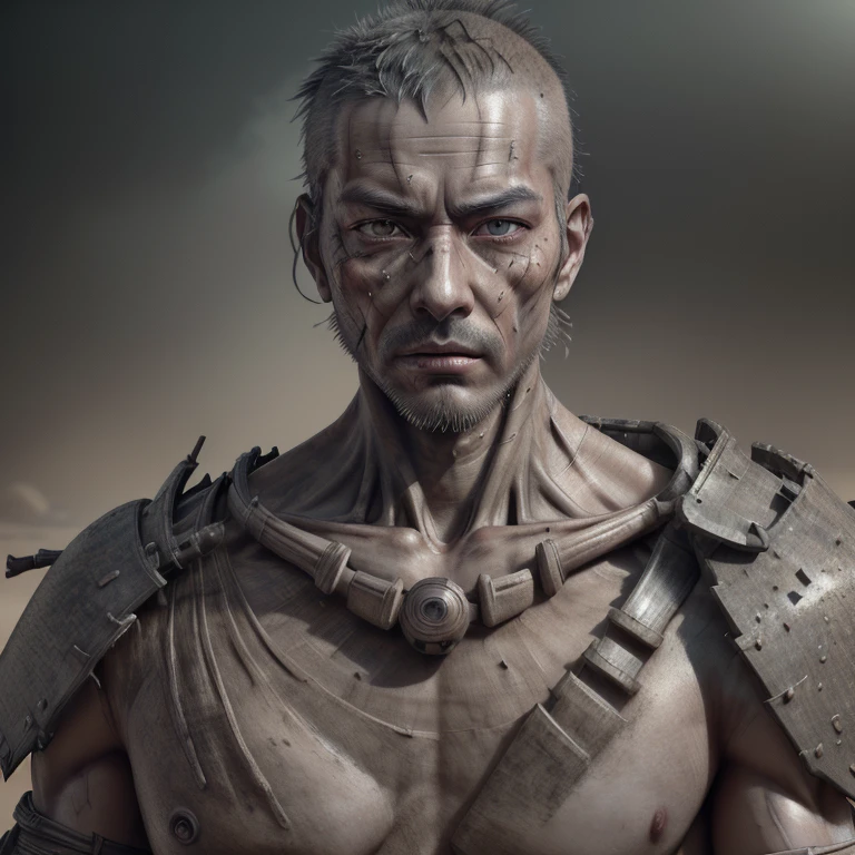 A human wit highly detailed man head,detailed collarbone, dusty and foggy, samurai, dystopian, octane render,UHD, retina, masterpiece, ccurate, anatomically correct, textured skin, super detail, high quality, best quality, highres, 16k