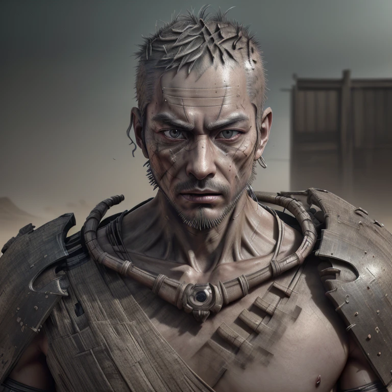 A human wit highly detailed man head,detailed collarbone, dusty and foggy, samurai, dystopian, octane render,UHD, retina, masterpiece, ccurate, anatomically correct, textured skin, super detail, high quality, best quality, highres, 16k