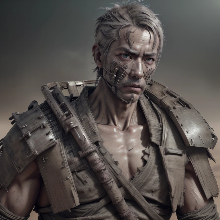 A human wit highly detailed man head,detailed collarbone, dusty and foggy, samurai, dystopian, octane render,UHD, retina, masterpiece, ccurate, anatomically correct, textured skin, super detail, high quality, best quality, highres, 16k