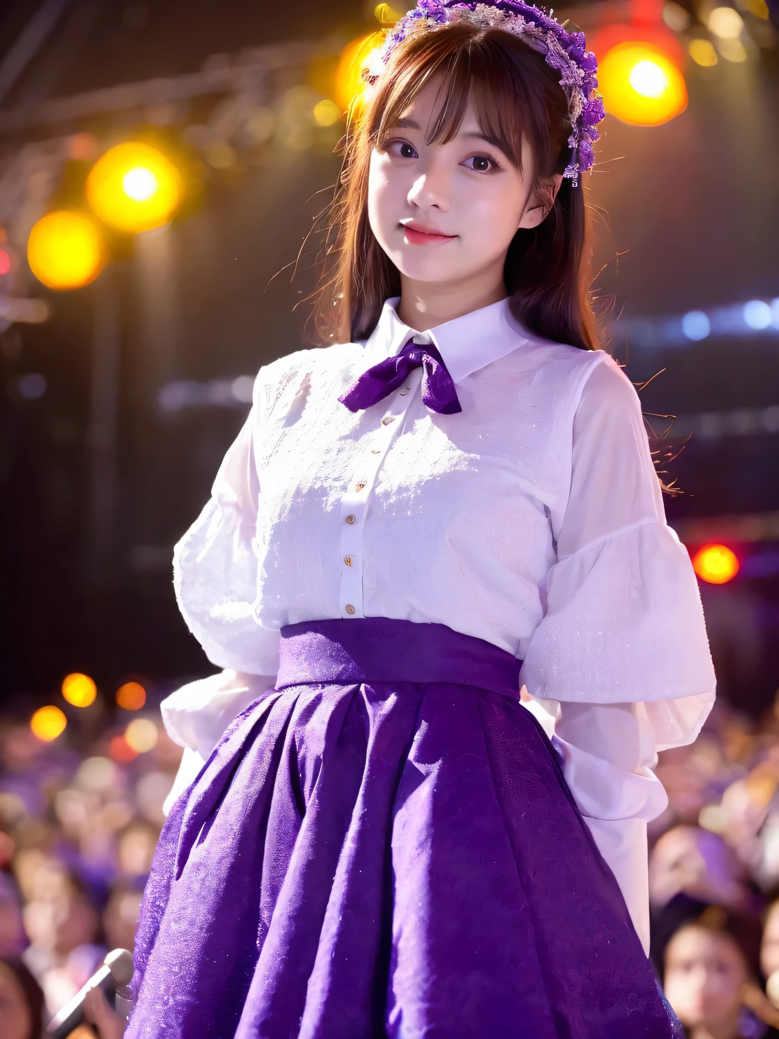 White base with purple-red fluttering costume、tulle skirt、23 years old, perform on stage, concert photos, cute core、(((watching the audience)))、23 years old、Mei Nagano、shooting from above、(Natural and detailed face standing、beautiful and detailed eyes、beautiful and dense lips、very detailed eyes、detailed face、long eyelashes)(8K resolution)、High resolution、masterpiece:1.2 )、Super detailed、(real、photorealistic、photorealistic: 1.37)、bob hair、belle delphine、dress、8K、fantastic lighting、bright colors、standing position