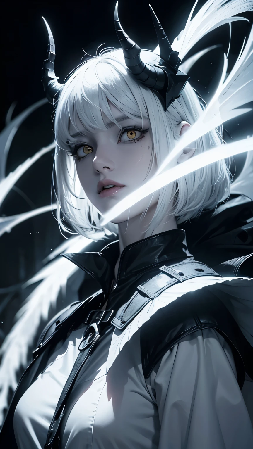a demon girl with glowing eyes, yelllow eyes. yellow glow, a cinematic