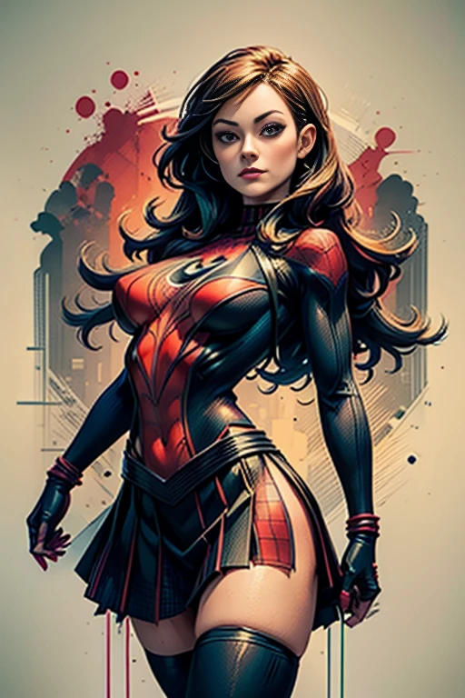 Olivia Wilde、stick out the navel、new york、She&#39;s wearing a torn Spider-Man suit,Wearing a skirt、 Red and black color scheme,dynamic、masterpiece、highest quality、Ultra-detailed、Very detailed、Beautiful sparkle in the details、超A high resolution