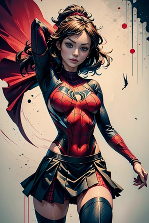 Olivia Wilde、stick out the navel、new york、She's wearing a torn Spider-Man suit,Wearing a skirt、 Red and black color scheme,dynamic、masterpiece、highest quality、Ultra-detailed、Very detailed、Beautiful sparkle in the details、超A high resolution