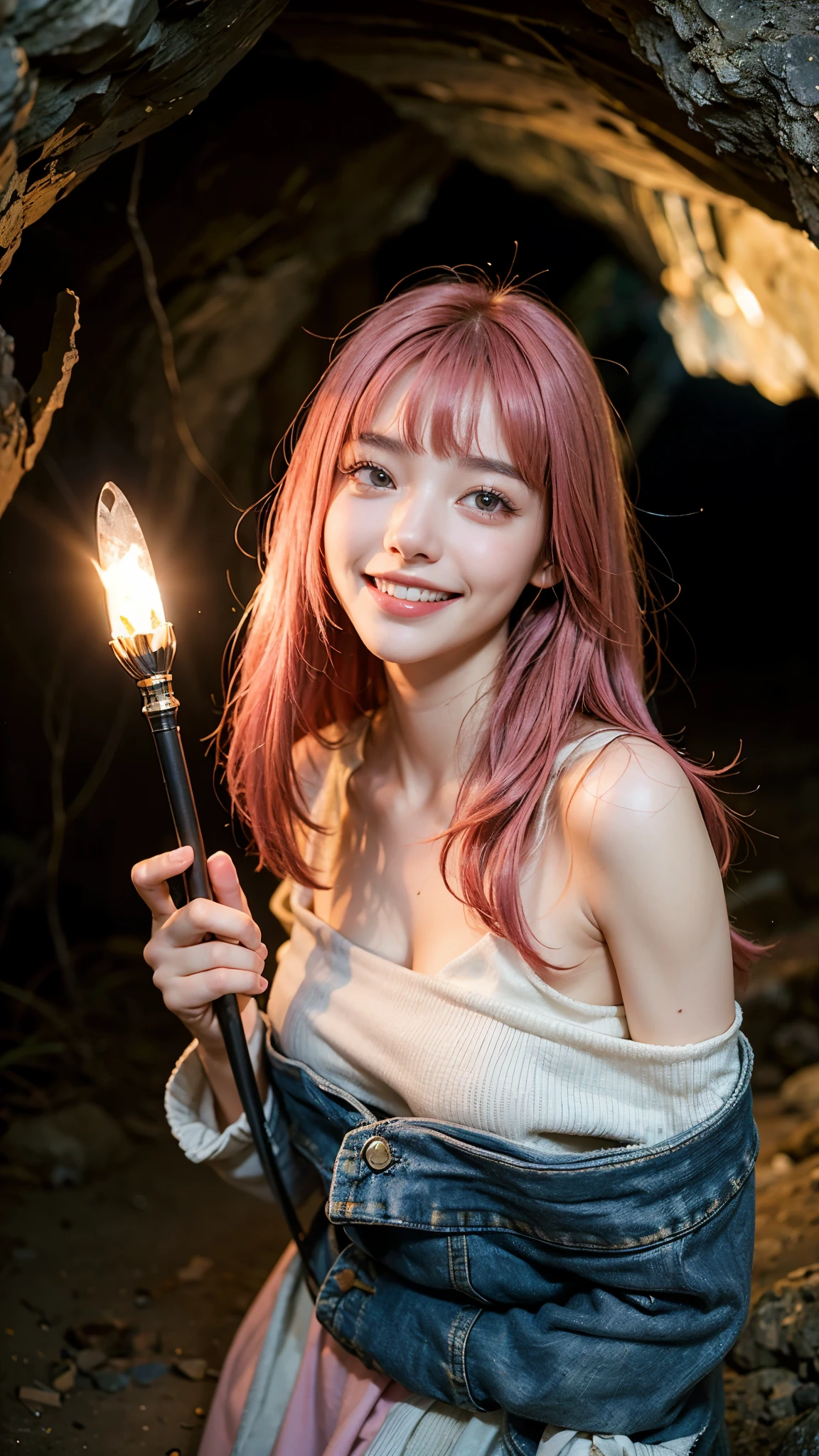 highest quality, masterpiece, Ultra-high resolution, (Realistic:1.4), (Close-up portrait) RAW Photos, 1 girl,20-year-old,Exploration wear with connected top and bottom,((Cave)),(Underground city discovered),((Helmet)),((Headlight)),((torch持って)),((Cave exploration)),,((Passionate pink haired girl'Makeup)),((torch)),((smooth and straight hair)),((Cap Chestnut)),((Short bangs)),Realistic,Picture Media Chest)),((Smiling with teeth showing)),((Big smile))