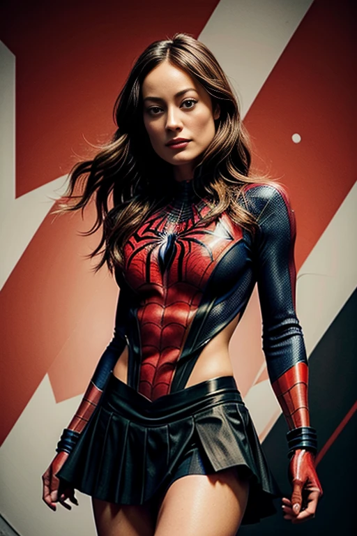 Olivia Wilde、stick out the navel、new york、She's wearing a torn Spider-Man suit,Wearing a skirt、 Red and black color scheme,dynamic、masterpiece、highest quality、Ultra-detailed、Very detailed、Beautiful sparkle in the details、超A high resolution
