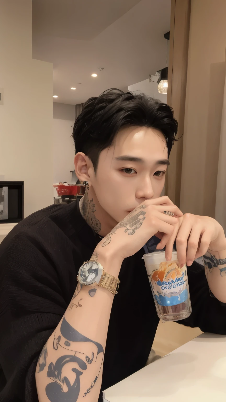 Hombre arafed con tatuajes comiendo un yogur y bebiendo una bebida., sol justin, Yanjun Chengt, kim taejin, mukbang, Hong June Hyung, Kim Doyoung, hyung tae, suave en _ el fondo, cai xukun, por Maestro Kanbun, foto de perfil, sakimichan frank franzzeta, sakimichan, Hyung Tae Kim