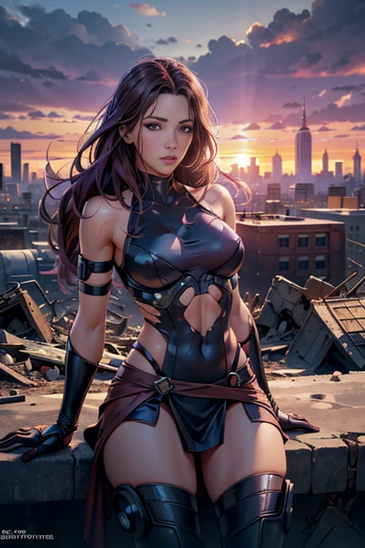 Jennifer Love Hewitt、Torn Suit、I'm wearing a skirt、masterpiece, 1 Girl, マーベルのサイロックとしてbeautiful女性, Psylocke Cosplay from X-Men、Purple Suit、Fine and delicate features, Futuristic New York Background, Science fiction, blonde, Super Heroine, heroic, Perfect balance, photograph, 超Realistic, masterpiece, 8k, large format camera, 110mm lens, Dynamic Lighting, Rim lighting、Official Art, extremely detailed CG 8K wallpaper, perfect Lighting, De color, bright_amount_method_Light, piel bright, (masterpiece:1.0), (Better_quality:1.0), Ultra-high resolution, 4k , Very detailed, Director of Photography, 8K, HDR, Altas ResoLightones, (Confused:1.2), Kodak Portrait 400, Film Grain, Blurred Background, (Bokeh:1.2), Lens flare, (Vibrant_color:1.2), プロのphotograph撮影, (beautiful_method:1.5),More detailed 8K.Unreal Engine:1.4,Hmm.,La Better calidad:1.4, Realistic:1.4, Skin temperature:1.4, masterpiece:1.8,masterpiece, Better calidad,Object Object], (Detailed facial features:1.3),(Anti-sedentary apocalyptic destroyed city:1.4), (Apocalyptic Sunset:1.4)