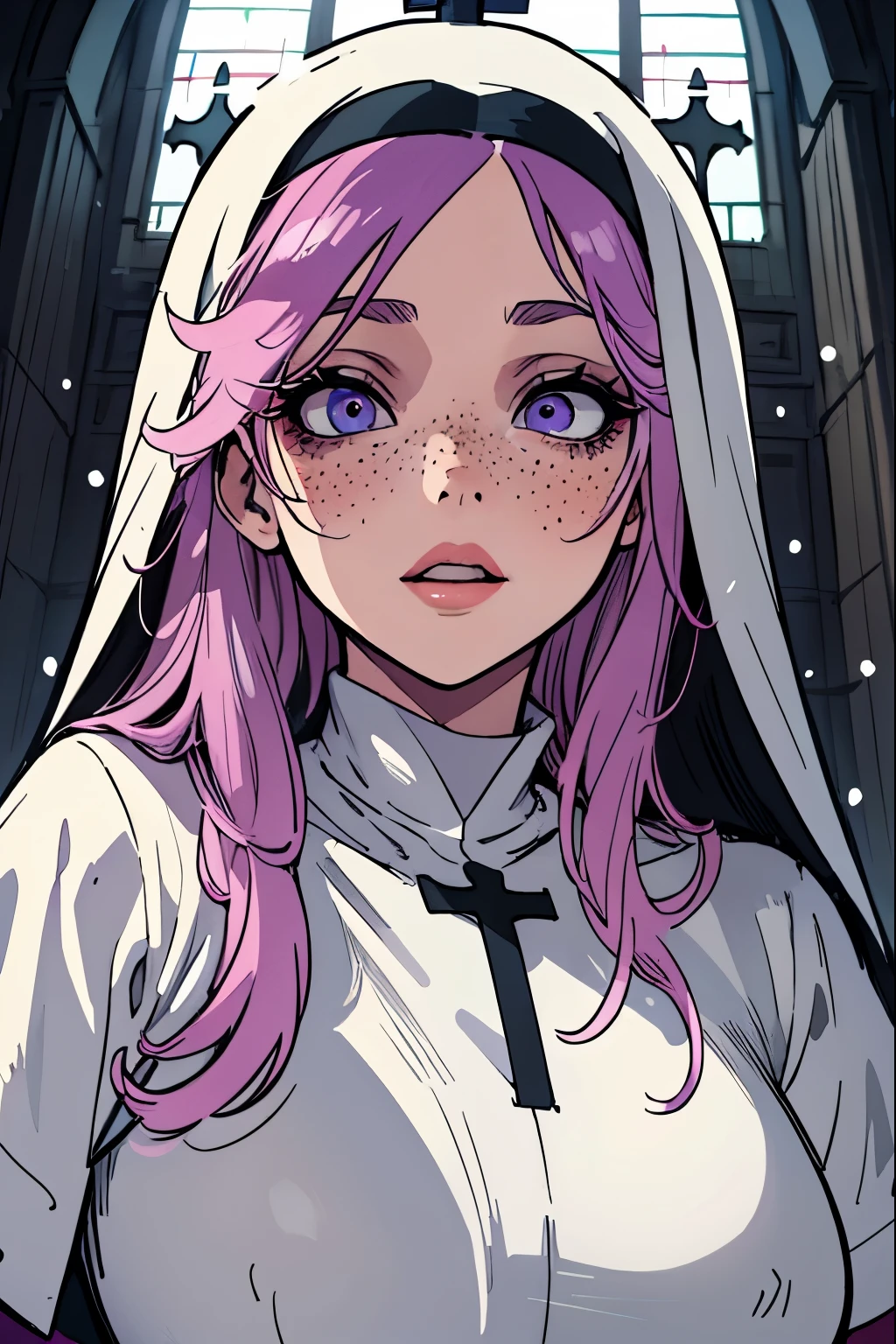 Masterpiece, best quality, young, shocked expression, portrait, nun, face like she just heard something crazy, snow white skin, shocked expression, wide-eyed, pink full lips, black nun habit, freckles, lavender hair, church setting,