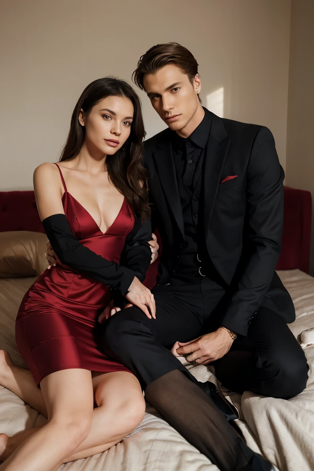 The photo must have the following elements:
* a man in a formal suit embracing a woman at waist level
* the woman has her back turned to the man, her eyes are closed and she is looking up
* the woman wears a red silk dress and atletic figure
* the man face is ver close to the womans, like if he was telling her a secrete
* the overal setting is on a luxury room, boudoir like
* be in vertical orientation