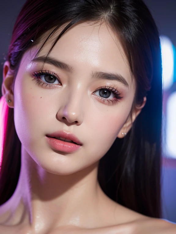 best quality, highres, professional, fashion portrait, color photograph, naked woman, detailed facial features, captivating eyes, luscious lips, flawless skin, elegant pose, vibrant neon lights, stylish fashion, dynamic composition, alluring atmosphere, rich color palette, atmospheric lighting