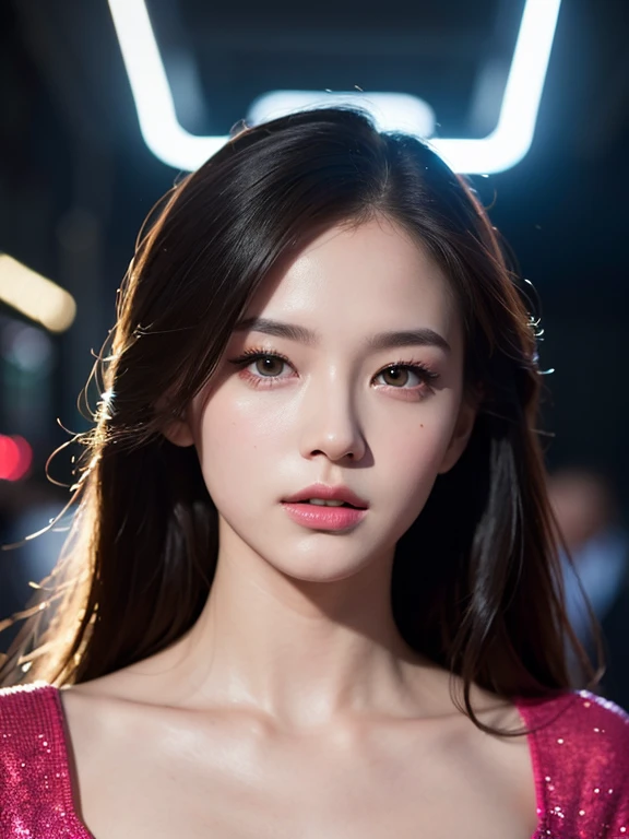 best quality, highres, professional, fashion portrait, color photograph, naked woman, detailed facial features, captivating eyes, luscious lips, flawless skin, elegant pose, vibrant neon lights, stylish fashion, dynamic composition, alluring atmosphere, rich color palette, atmospheric lighting
