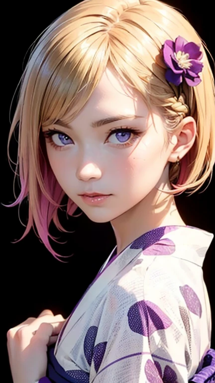 Summer in Japan, She has a layered bob hairstyle with a side cut, Blonde hair with pink inner color. She has beautiful glowing purple eyes, Breaking the masterpiece, highest quality,(Realistic: 1.4),Ultra-high resolution, Unity 8K, (Beautiful fine details:1.6),Symmetric, Highly detailed face, Perfect lighting, (Perfect hands, Perfect Anatomy),(White Background:1.3), (flower design yukata)