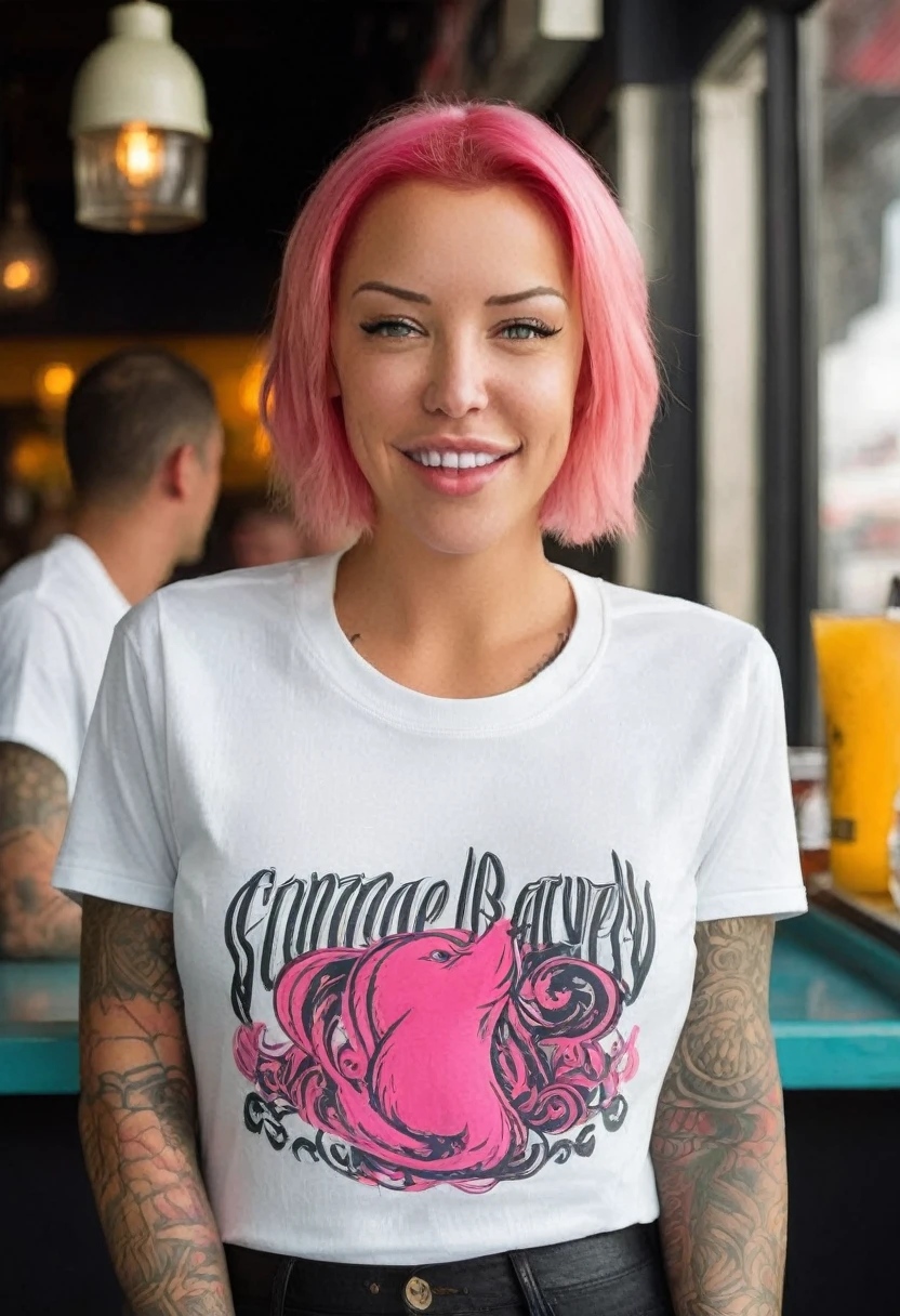 A "UHD", "full-body image" of "female" Laurence bedard (Age 30) dressed in "t-shirt". She has "hazel eyes" and "pink-rinse" hair style. Location: bar. Additional Information: in a bar chatting, laughing with other people, in the background others are chatting and drinking