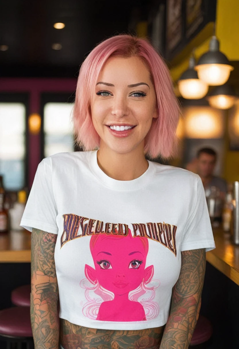 A "UHD", "full-body image" of "female" Laurence bedard (Age 30) dressed in "t-shirt". She has "hazel eyes" and "pink-rinse" hair style. Location: bar. Additional Information: in a bar chatting, laughing with other people, in the background others are chatting and drinking