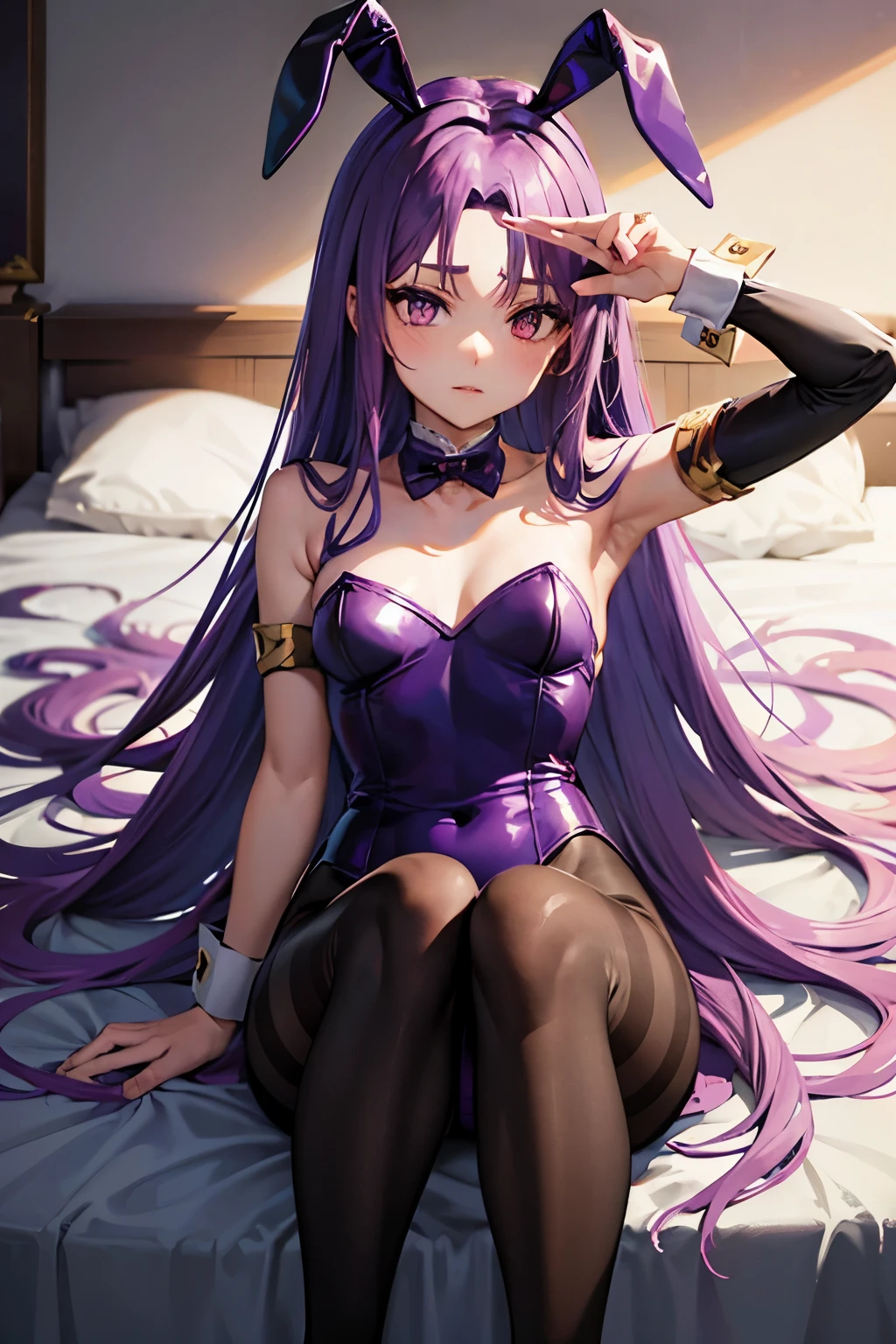 Medusa、fate、Purple Hair、Long Hair、((pantyhose))、Photo from below、Medium chest、Bedroom、Bunny girlの耳、((Bunny girl))、Leg spread