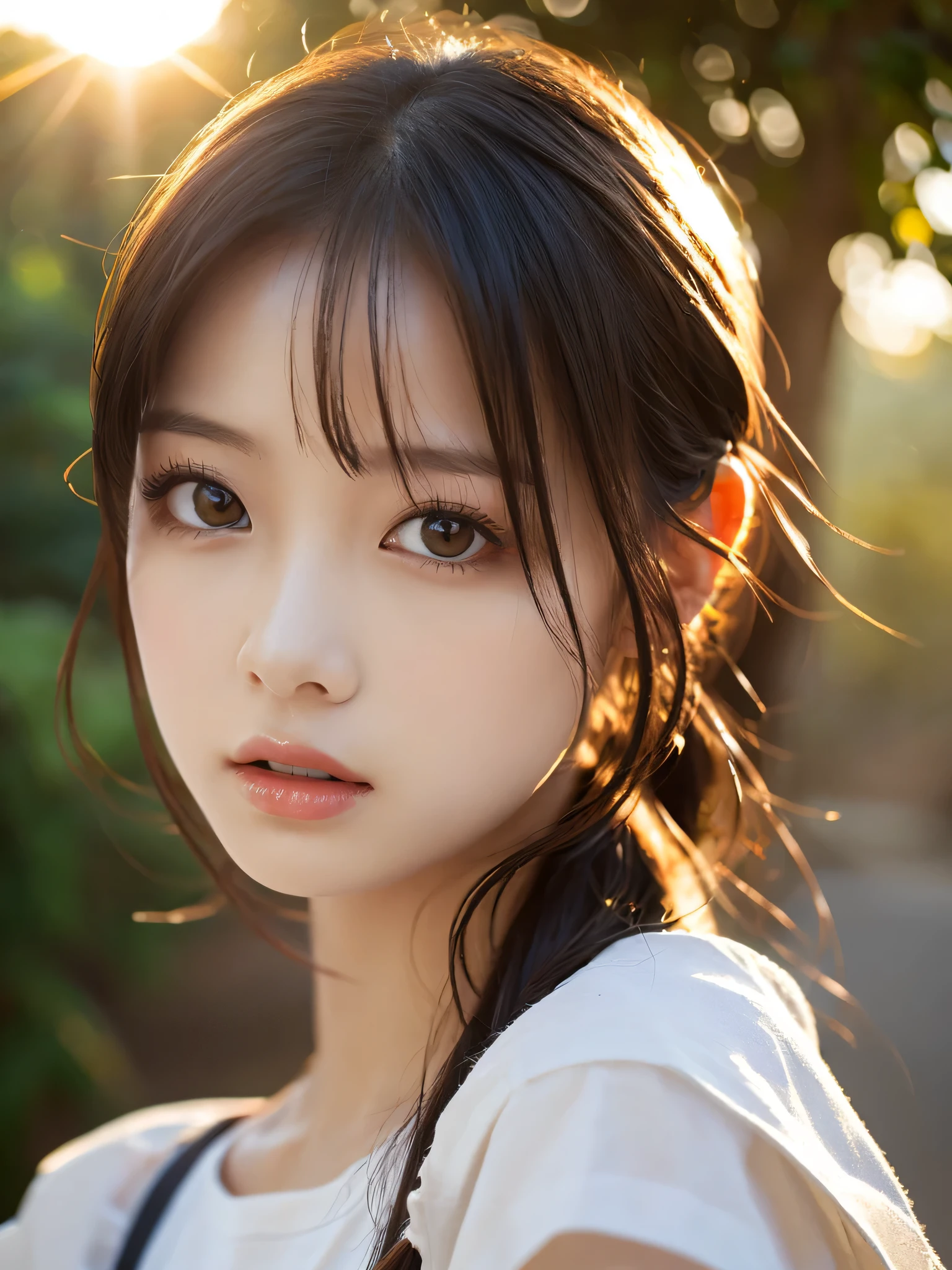 (sfw:1.5),best quality, masterpiece, girl, Dark hair, dark eyes, home, sun shining, shiny skin, sun flare