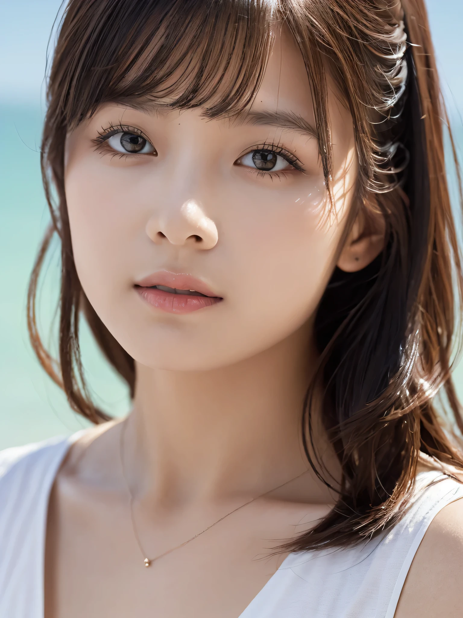 masterpiece, highest quality, 8k, 20th generation, Big Breasts, cute, alone, sad, cute, Girlish,cute 繊細な女の子, cute、Pure beauty,  RAW Photos, Professional photography, Portraiture, Soft Light, Professional Lighting, Backlight, Upper Body, avert your eyes, Sophisticated, Film Grain, (Eye and facial details:1.0), Round face、Floating Hair, beautiful, Flowing hair, Asymmetrical bangs、(Big Breasts:1.0)、Navy blue micro bikini、Voluptuous thighs、dolly make、Heterochromia iridis、Midsummer sky、Cumulonimbuidsummer Beach