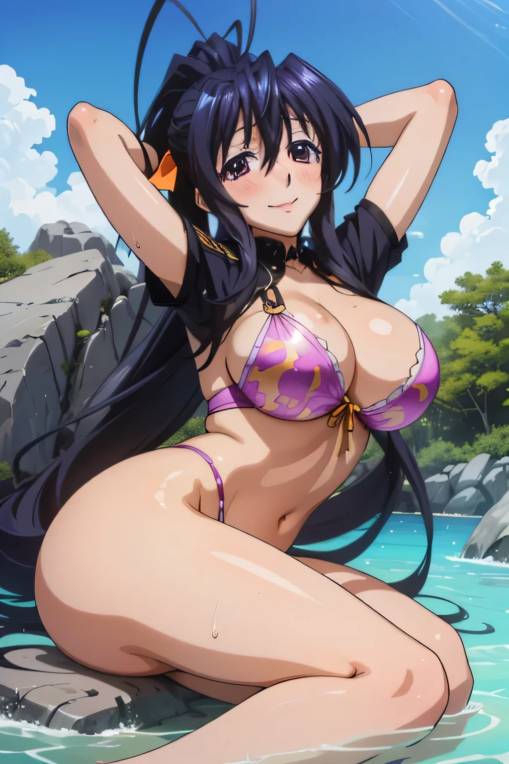 Himejima Akeno、Long Hair、(draw the eyes:1.2)、one person
、blush、smile
、(You can see her chest)
、(Butt Exposed)
、Get wet from the head
、Sit down
、(policewoman)
、(highest quality)
、(Fine skin:1.3)