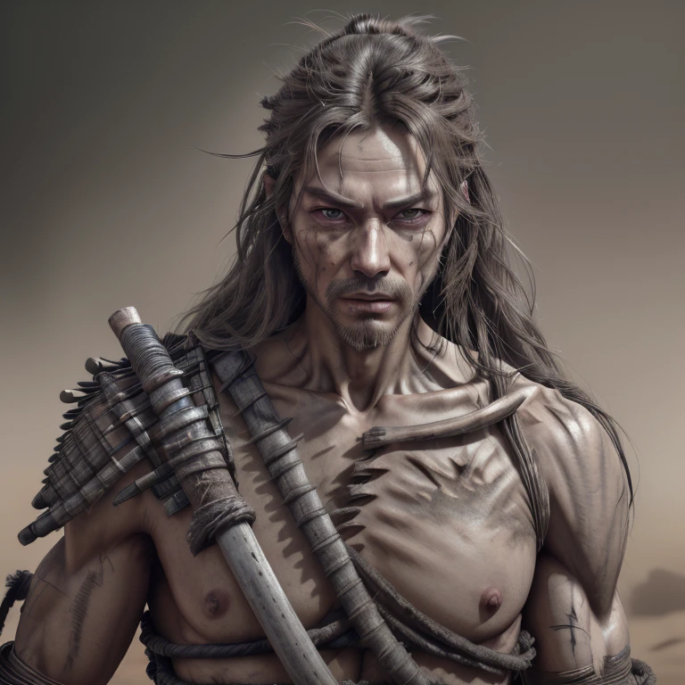 A human wit highly detailed man head,detailed collarbone, dusty and foggy, samurai,katana,long hair, dystopian, octane render,UHD, retina, masterpiece, ccurate, anatomically correct, textured skin, super detail, high quality, best quality, highres, 16k