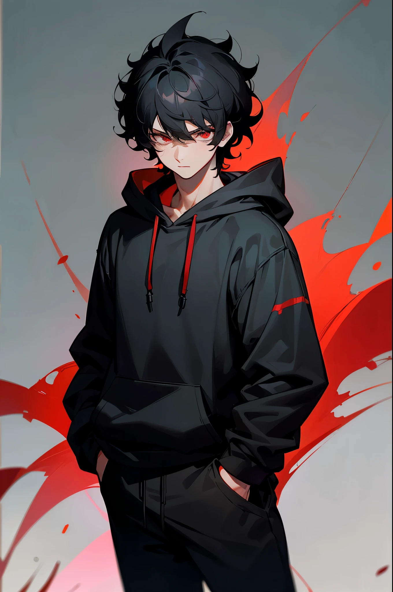 black hair, red spider eyes, red and black hoodie, black shirt, dark black sweatpants, grassy background,short haiir, curly hair, hands in pockets, young male, muscular, night time,
