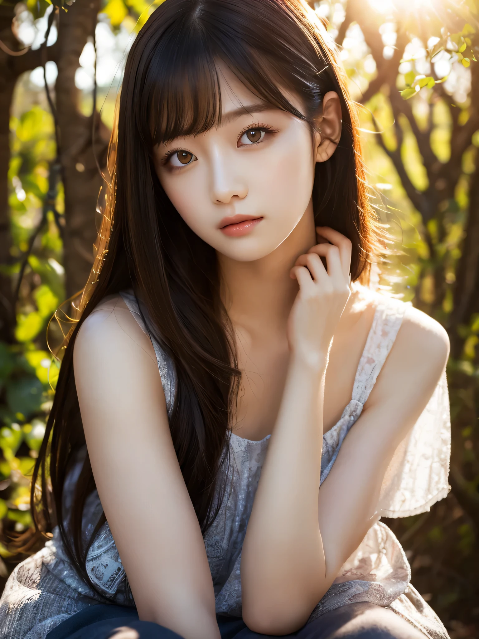 (sfw:1.5),best quality, masterpiece, girl, Dark hair, dark eyes, home, sun shining, shiny skin, sun flare